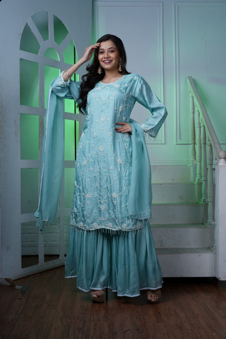 PF7292 - , Kurtis , Ethnic Clothing Hand Embroidery Kurta Sets Shararas Silk