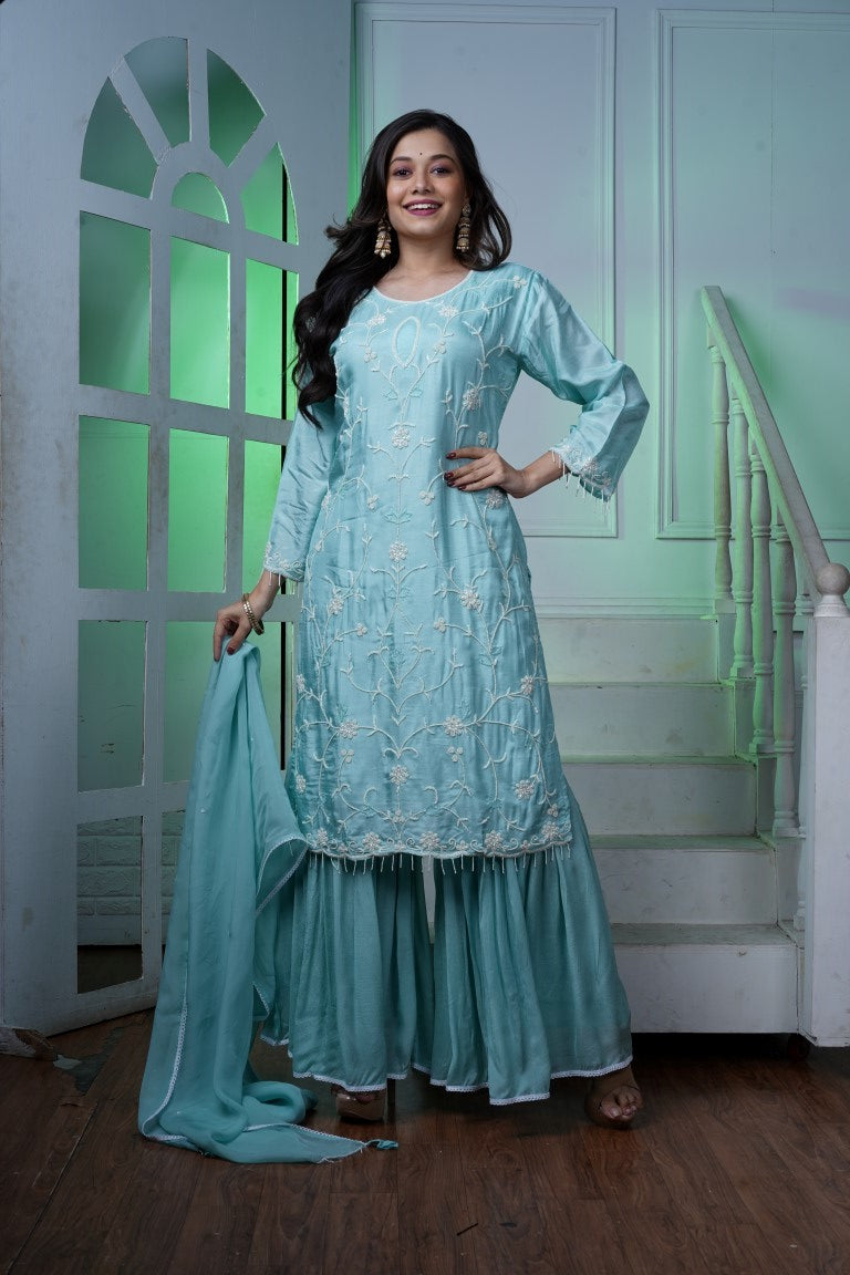 PF7292 - , Kurtis , Ethnic Clothing Hand Embroidery Kurta Sets Shararas Silk