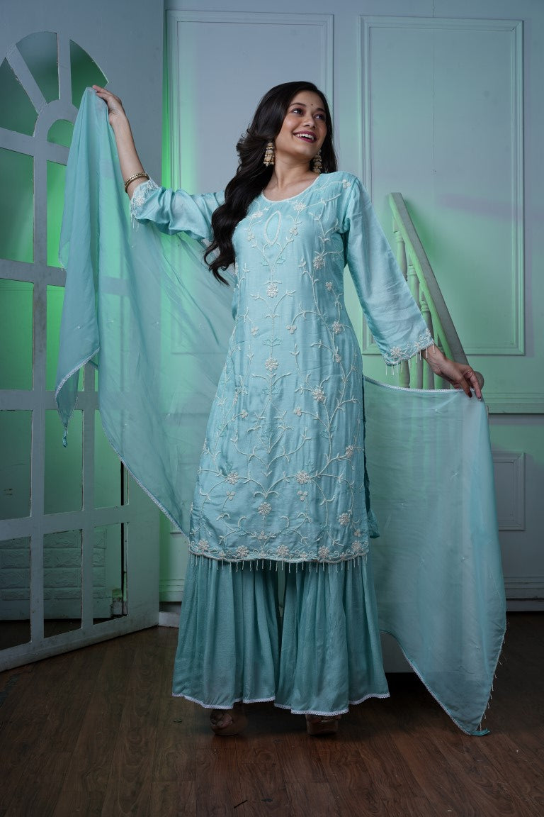 PF7292 - Firoza , Kurtis , Ethnic Clothing Hand Embroidery Kurta Sets Shararas Silk