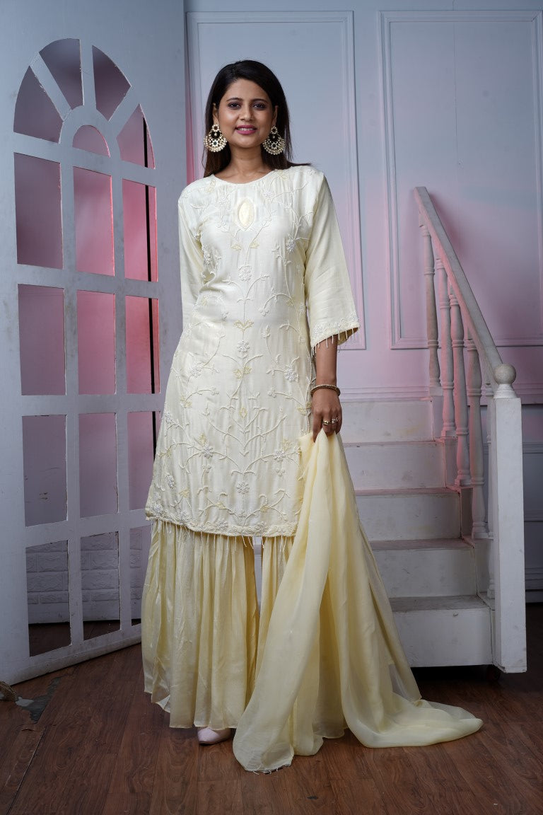 PF7292 - , Kurtis , Ethnic Clothing Hand Embroidery Kurta Sets Shararas Silk