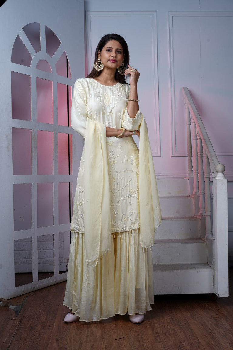 PF7292 - , Kurtis , Ethnic Clothing Hand Embroidery Kurta Sets Shararas Silk