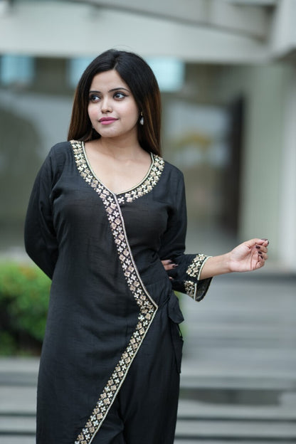 PF7302 - Black , Kurtis , Casual Wear Contemporary Clothing Cord Sets Ethnic Clothing Hand Embroidery Silk