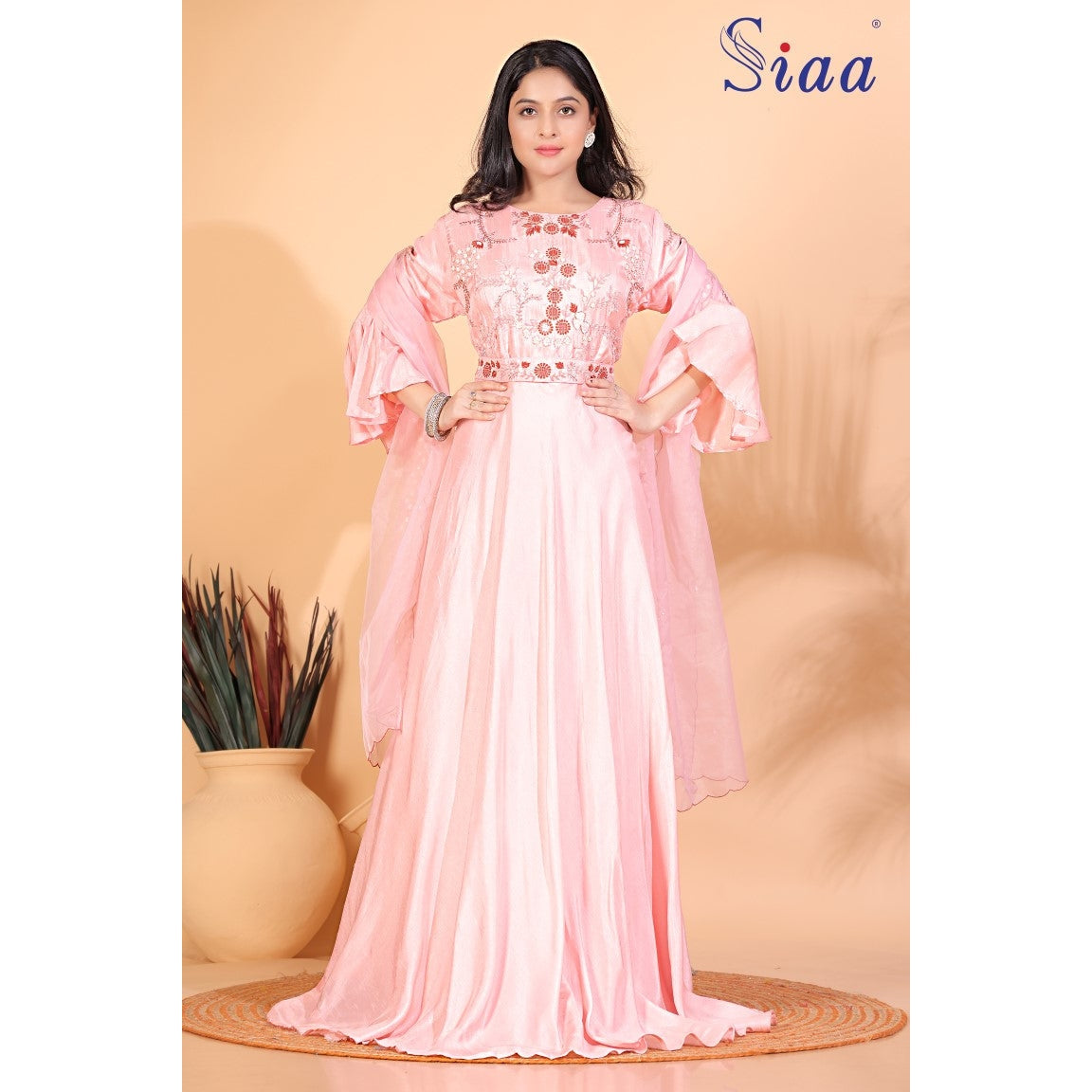 PF7325 Pink Kurtis Anarkali Contemporary Clothing Ethnic Clothing Gown Hand Embroidery Indo-Western Silk