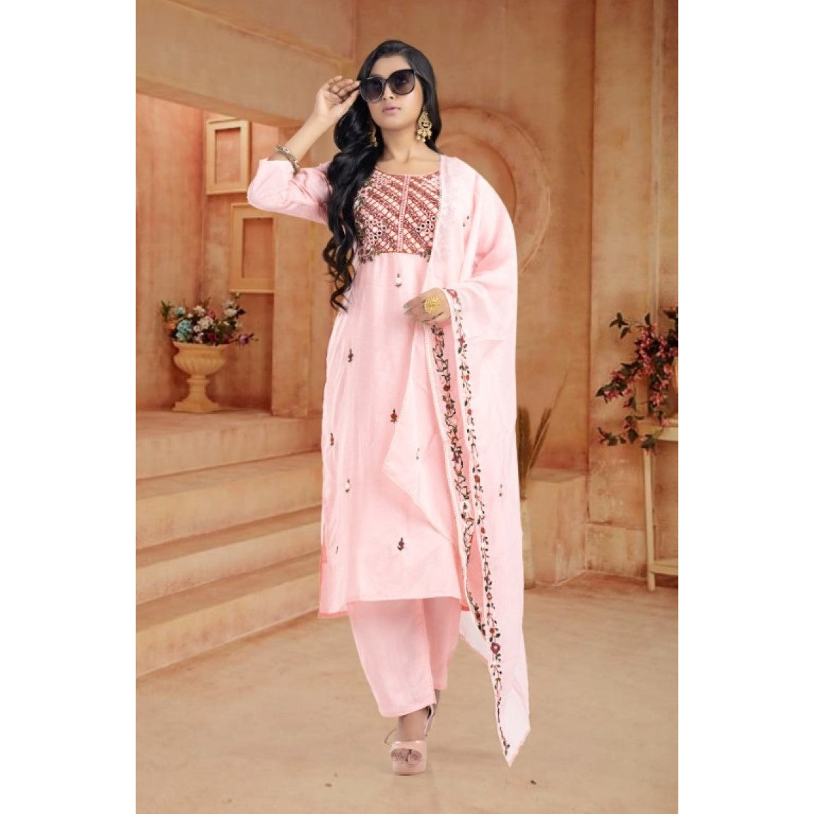 PF7341 Pink Kurtis Ethnic Clothing Hand Embroidery Kurta Sets Silk