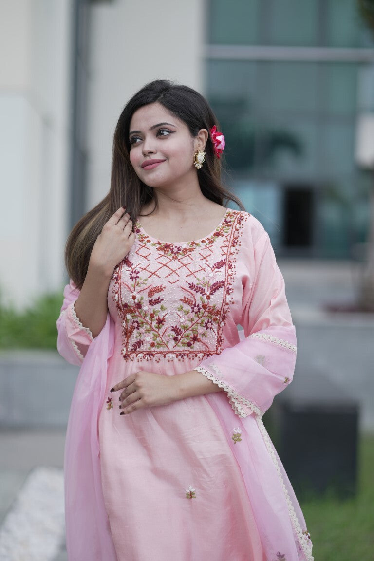 PF7354 Pink Kurtis Ethnic Clothing Hand Embroidery Kurta Sets Silk