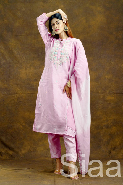 PF7371 - Lavender , Kurtis , Ethnic Clothing Hand Embroidery Kurta Sets Silk