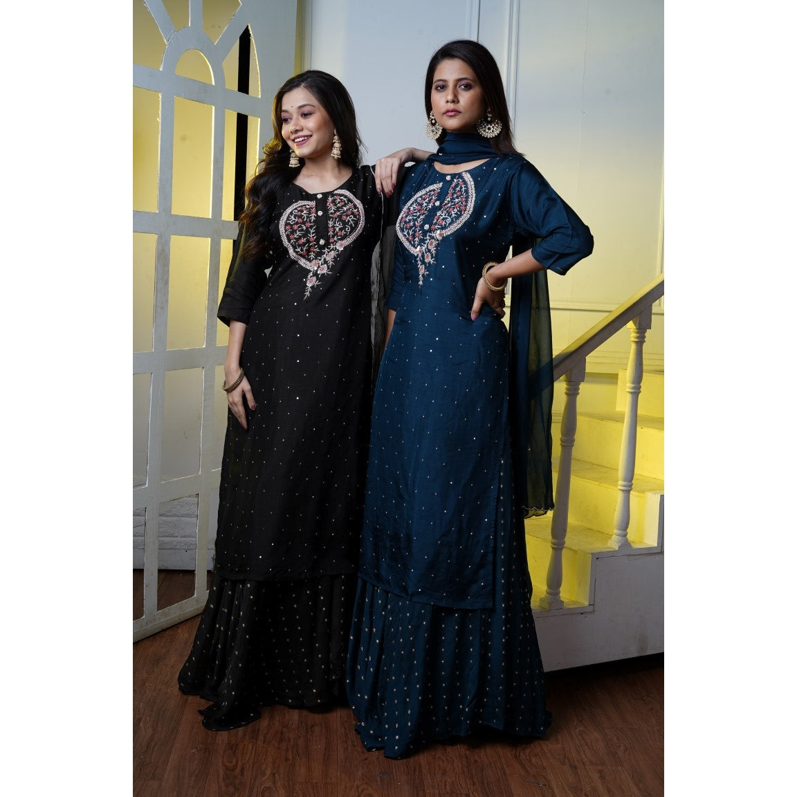 PF7393 - , Kurtis , Ethnic Clothing Hand Embroidery Kurta Sets Silk Skirts sets