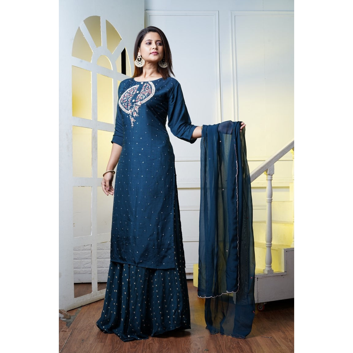 PF7393 - , Kurtis , Ethnic Clothing Hand Embroidery Kurta Sets Silk Skirts sets