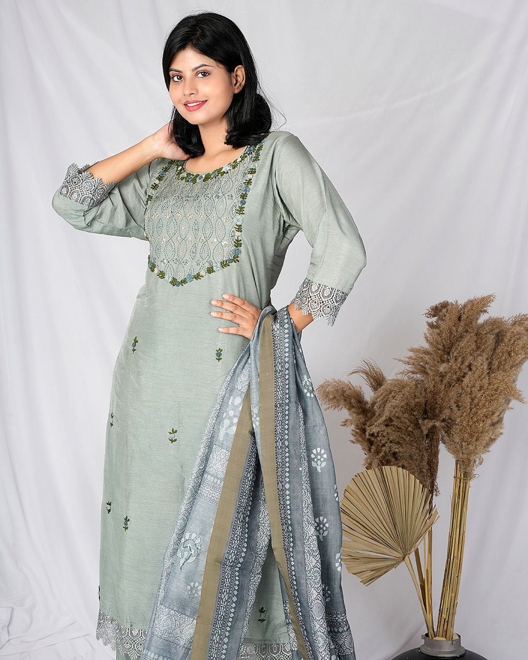 PF7421A - , Kurtis , Ethnic Clothing Hand Embroidery Kurta Sets Silk