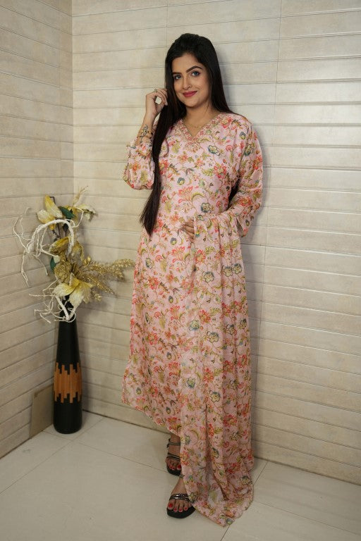 PF7523 Pink Kurtis Ethnic Clothing Hand Embroidery Kurta Sets Organza Printed