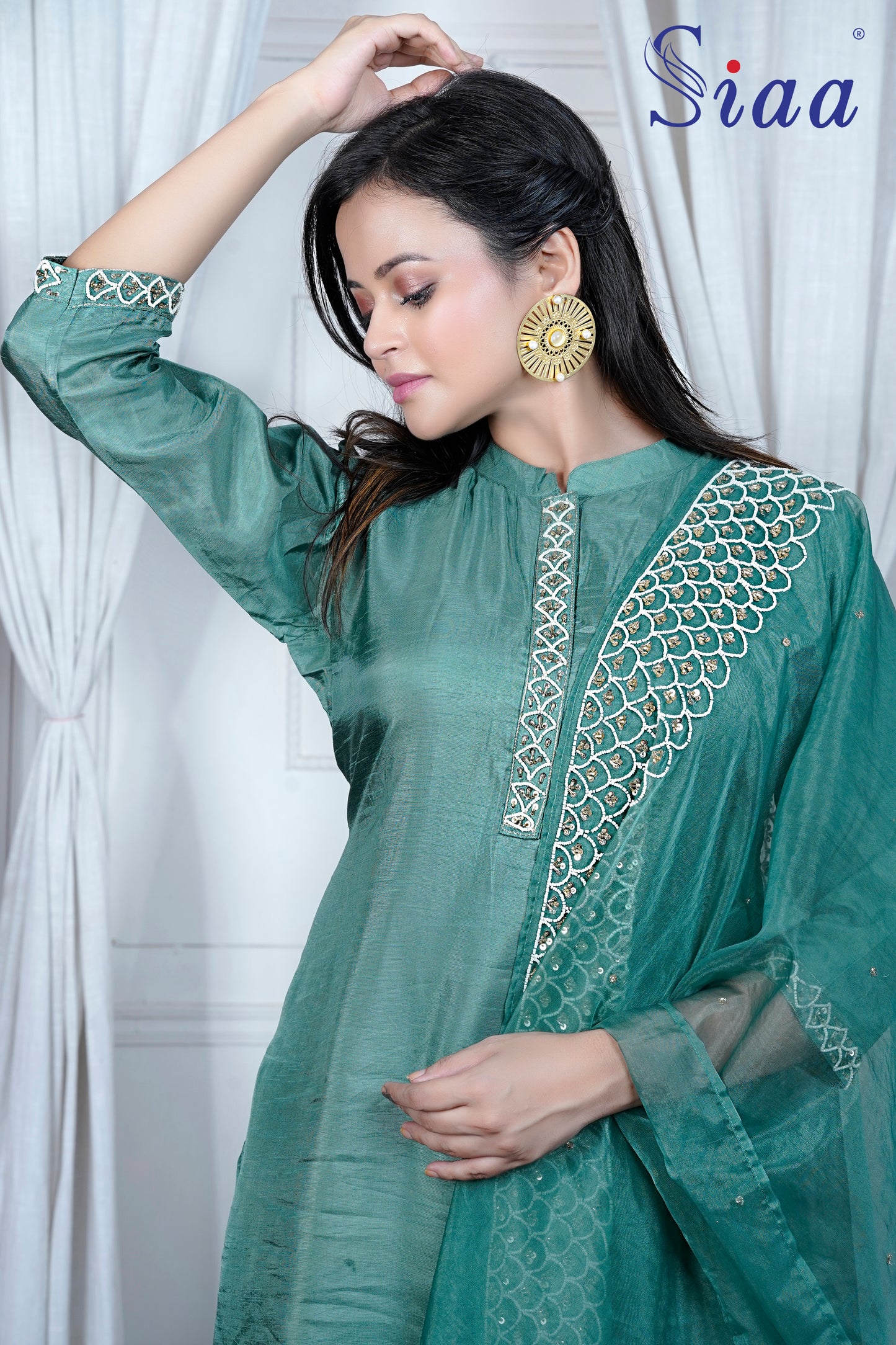 PF7526 - Green , Kurtis , Ethnic Clothing Hand Embroidery Kurta Sets Silk