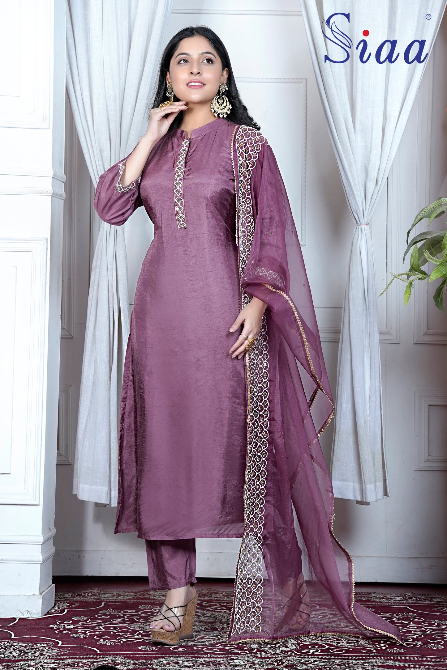 PF7526 - Magenta , Kurtis , Ethnic Clothing Hand Embroidery Kurta Sets Silk