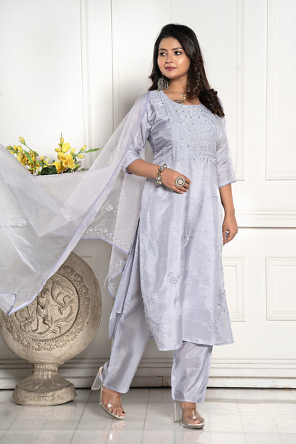 PF7586 Grey Kurtis Ethnic Clothing Hand Embroidery Kurta Sets Silk