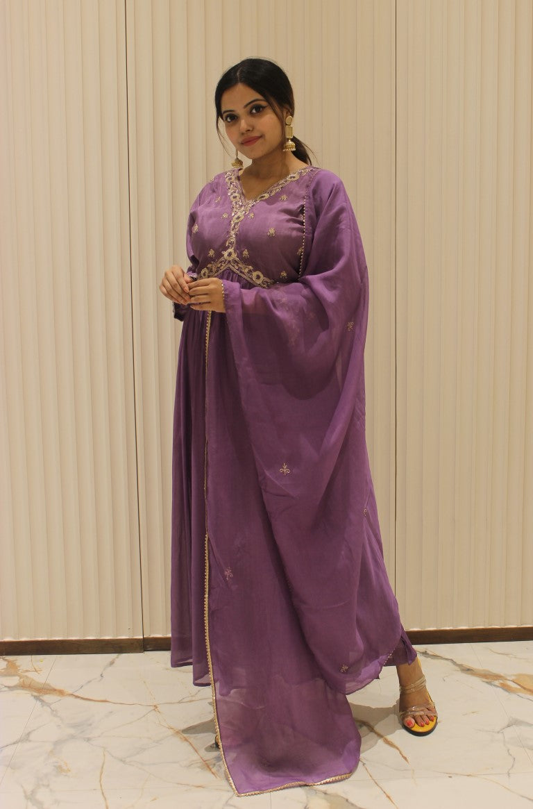 PF7587 - Purple , Kurtis , Anarkali Ethnic Clothing Hand Embroidery Silk