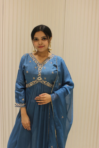 PF7587 - Blue , Kurtis , Anarkali Ethnic Clothing Hand Embroidery Silk