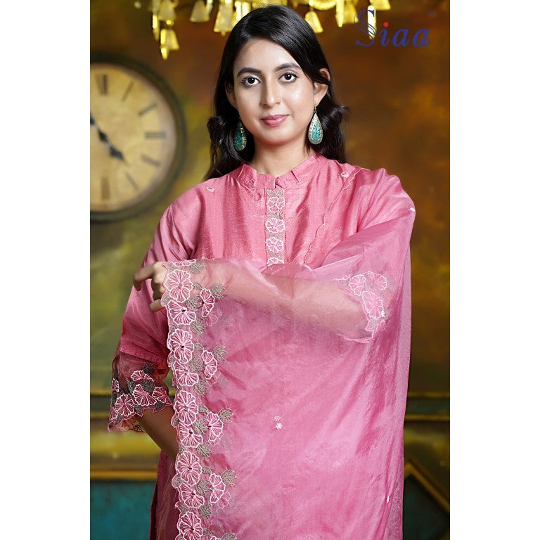 PF7654 - Peach , Kurtis , Ethnic Clothing Hand Embroidery Kurta Sets Silk