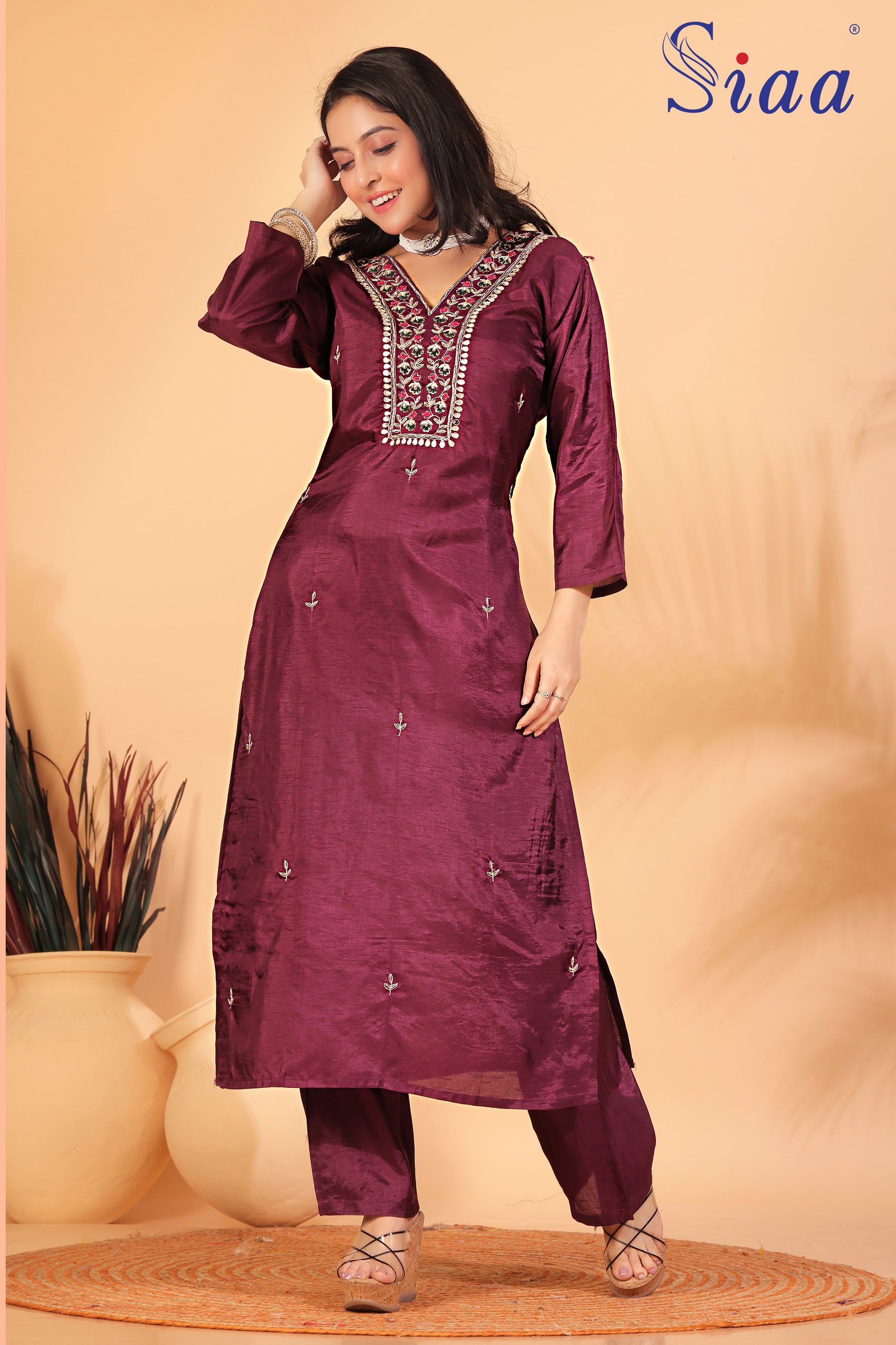 PF7667 Kurtis Ethnic Clothing Hand Embroidery Kurta Sets Silk