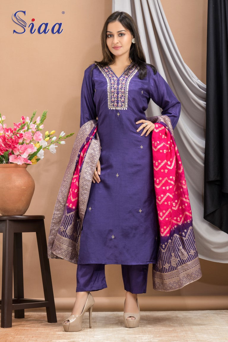 PF7667 Purple Kurtis Ethnic Clothing Hand Embroidery Kurta Sets Silk