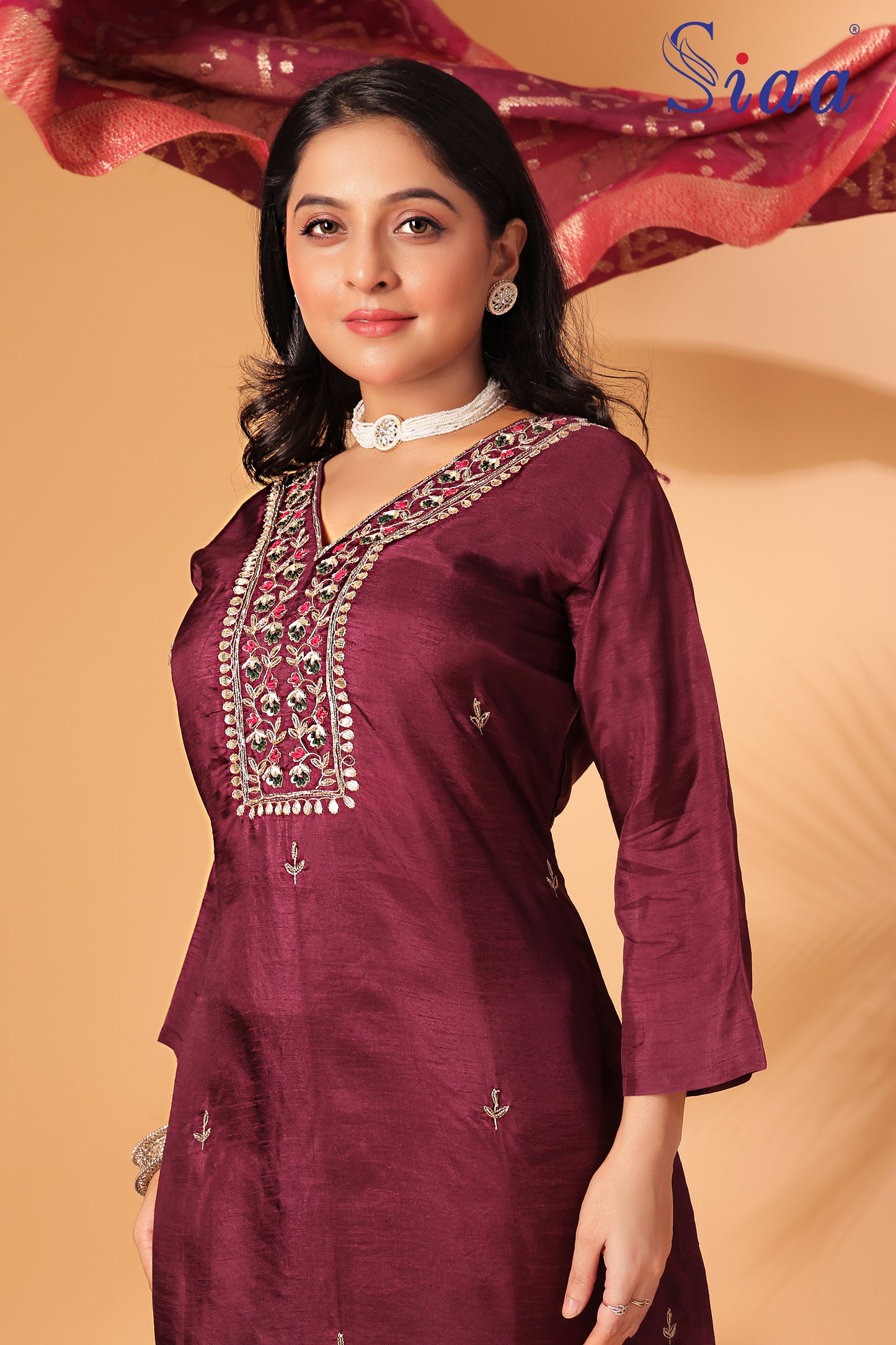 PF7667 Wine Kurtis Ethnic Clothing Hand Embroidery Kurta Sets Silk