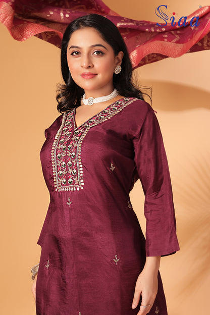 PF7667 Wine Kurtis Ethnic Clothing Hand Embroidery Kurta Sets Silk