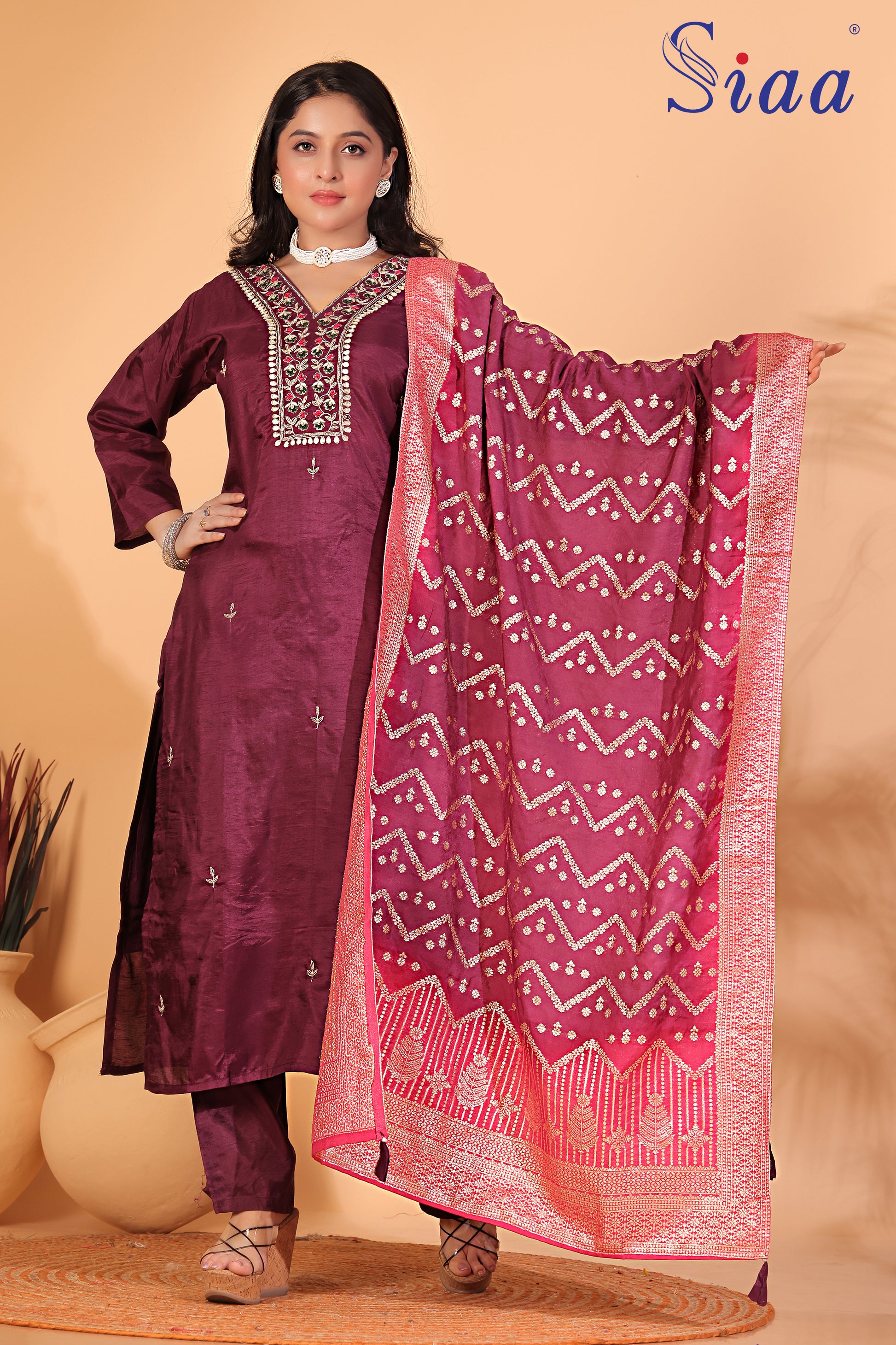 PF7667 Kurtis Ethnic Clothing Hand Embroidery Kurta Sets Silk