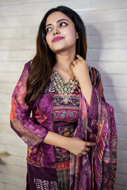 PF7672 - Wine , Kurtis , Ethnic Clothing Hand Embroidery Kurta Sets Printed Silk