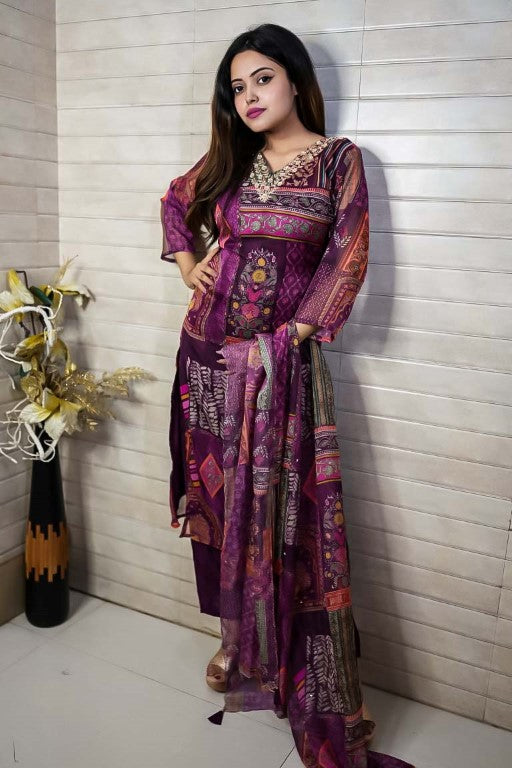 PF7672 Kurtis Ethnic Clothing Hand Embroidery Kurta Sets Printed Silk