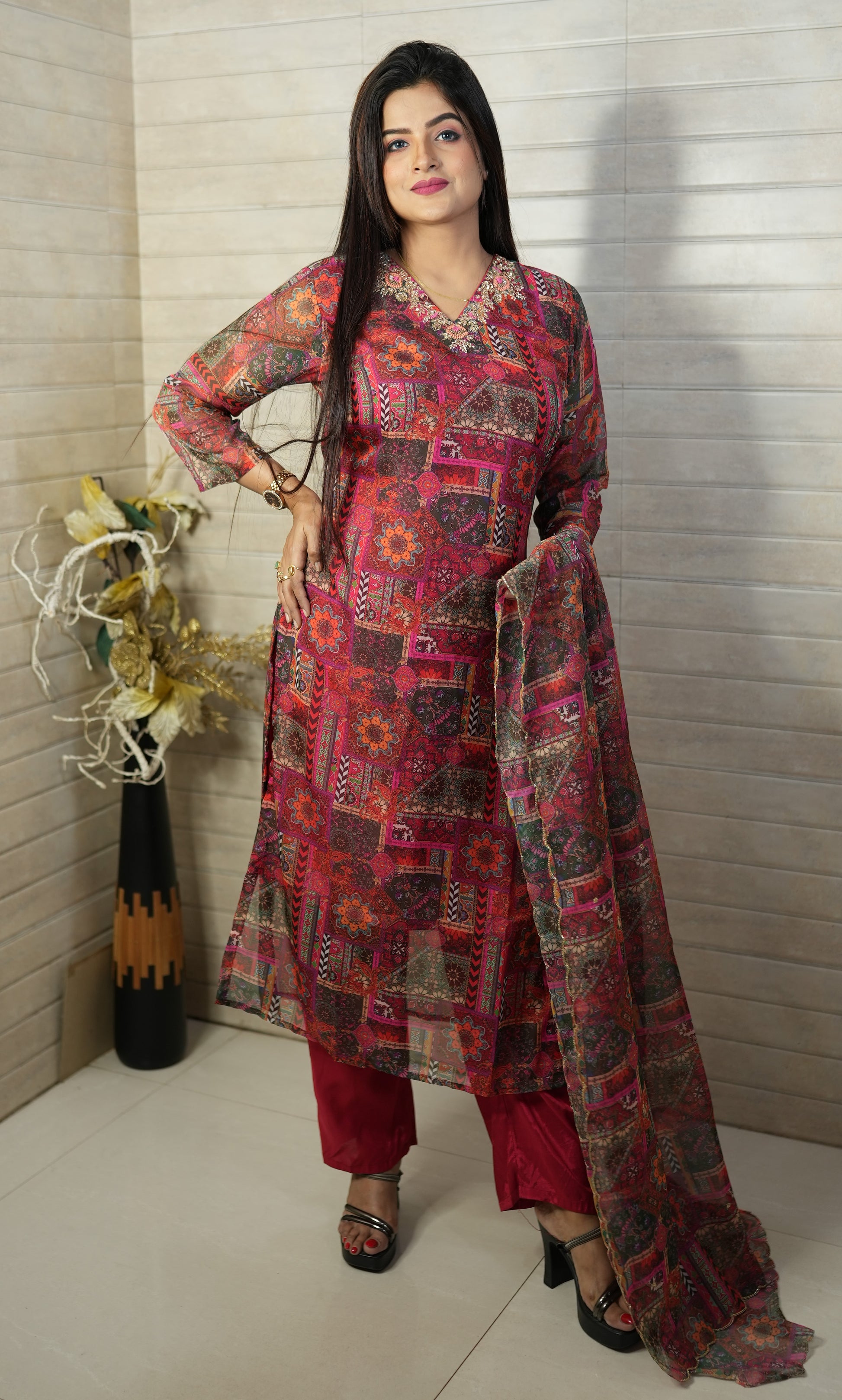 PF7672 Kurtis Ethnic Clothing Hand Embroidery Kurta Sets Printed Silk