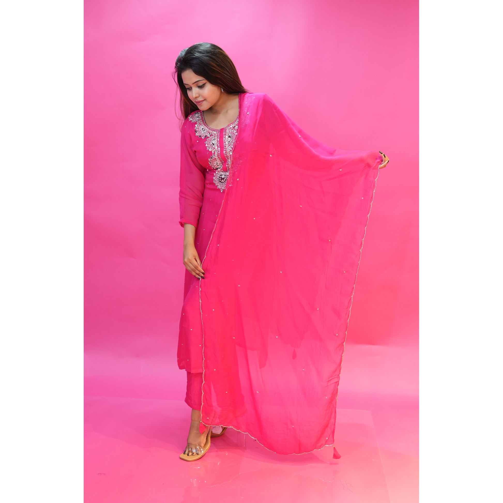 PF7705 - , Kurtis , Ethnic Clothing Hand Embroidery Kurta Sets Organza