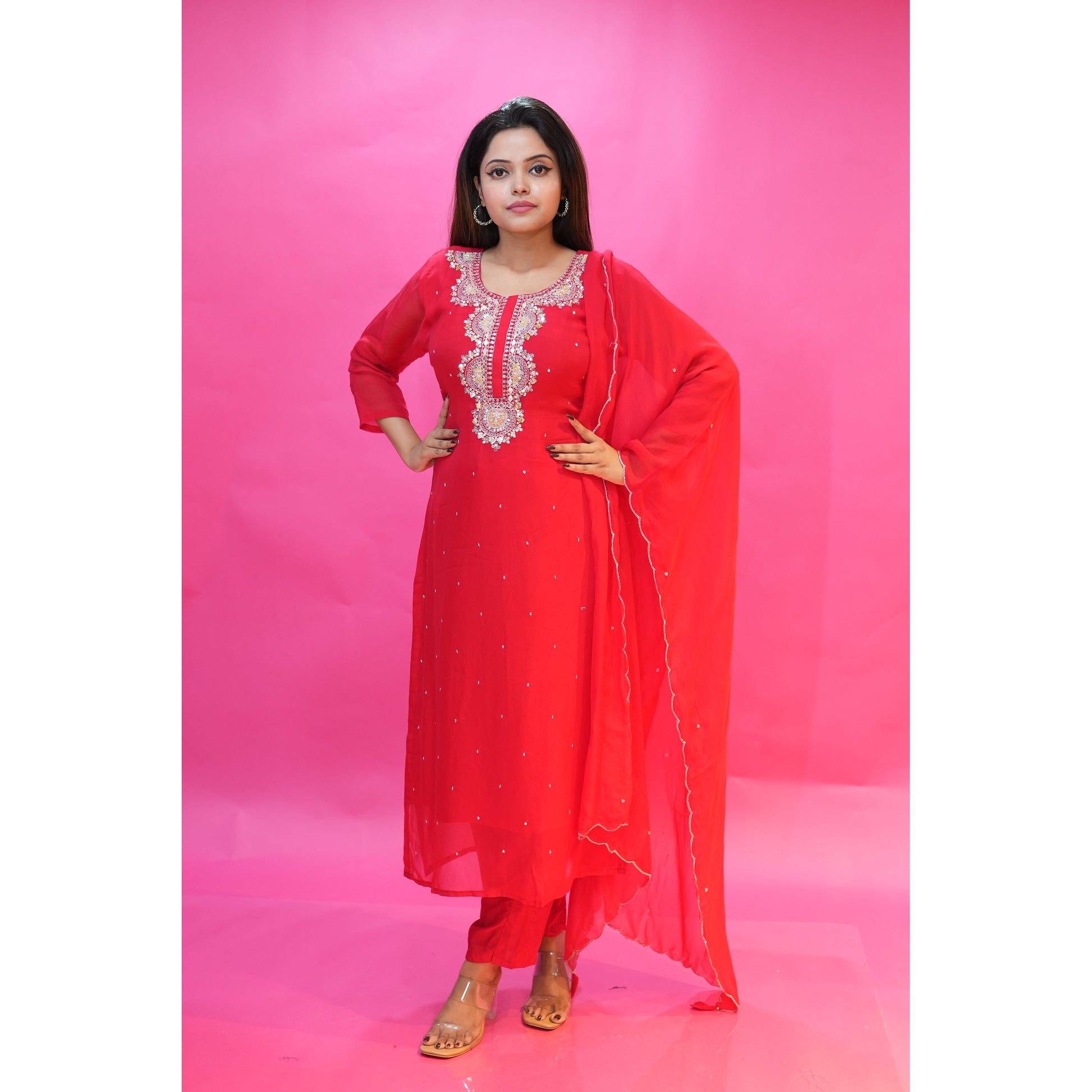 PF7705 - , Kurtis , Ethnic Clothing Hand Embroidery Kurta Sets Organza