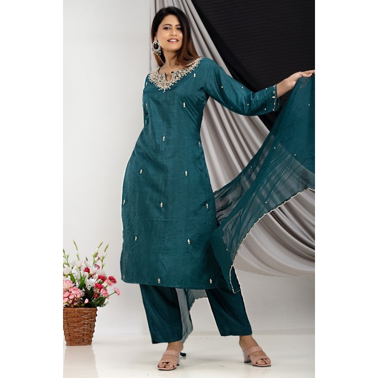 PF7710 - Indigo , Kurtis , Ethnic Clothing Hand Embroidery Kurta Sets Silk