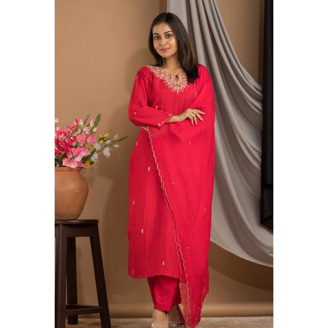 PF7710 - Red , Kurtis , Ethnic Clothing Hand Embroidery Kurta Sets Silk