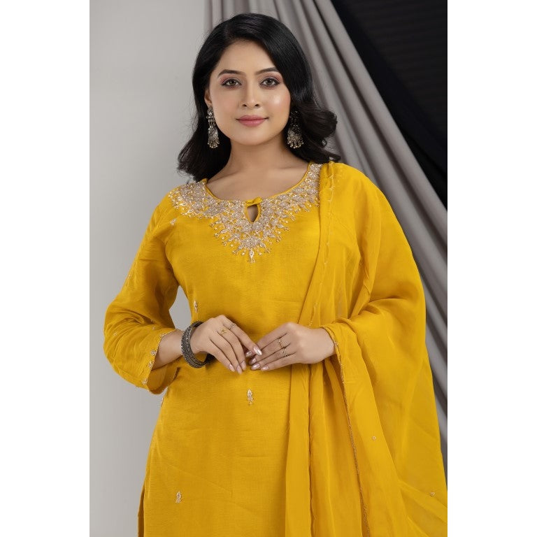 PF7710 - Mustard , Kurtis , Ethnic Clothing Hand Embroidery Kurta Sets Silk