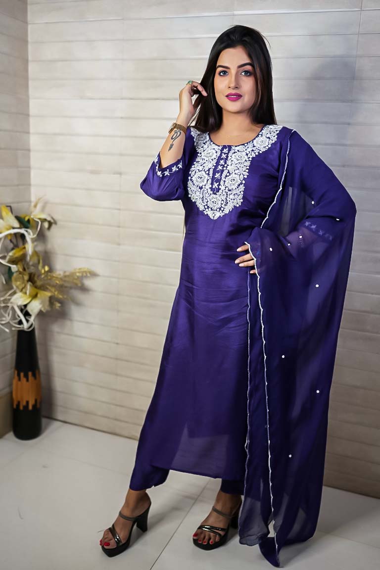 PF7715 - , Kurtis , Ethnic Clothing Hand Embroidery Kurta Sets Silk