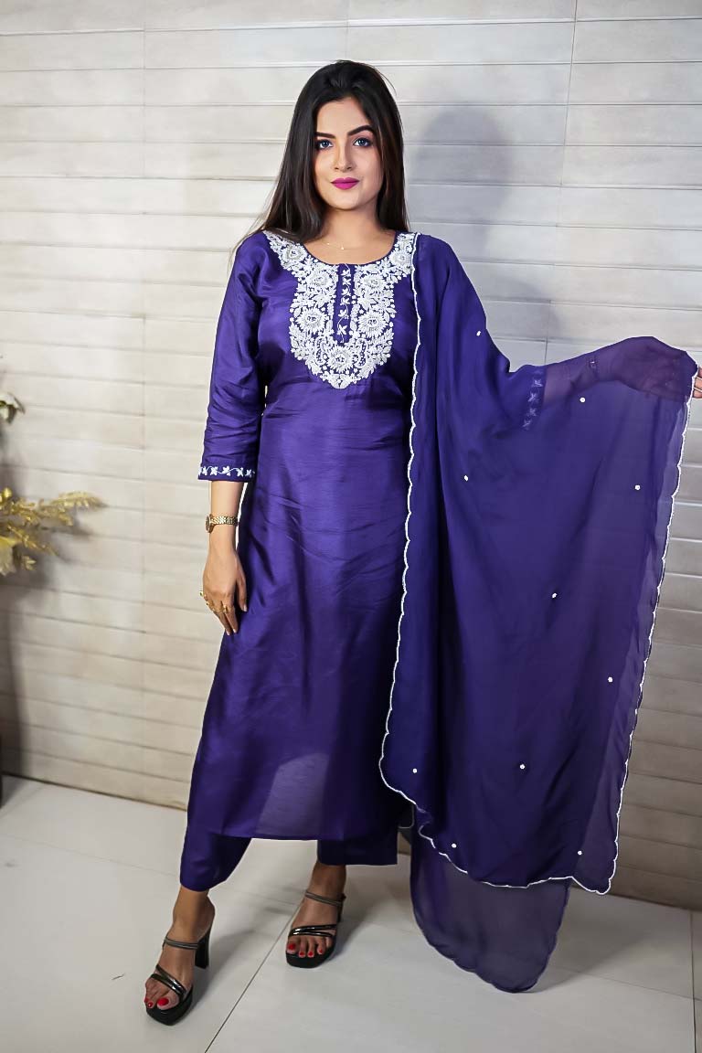 PF7715 - , Kurtis , Ethnic Clothing Hand Embroidery Kurta Sets Silk