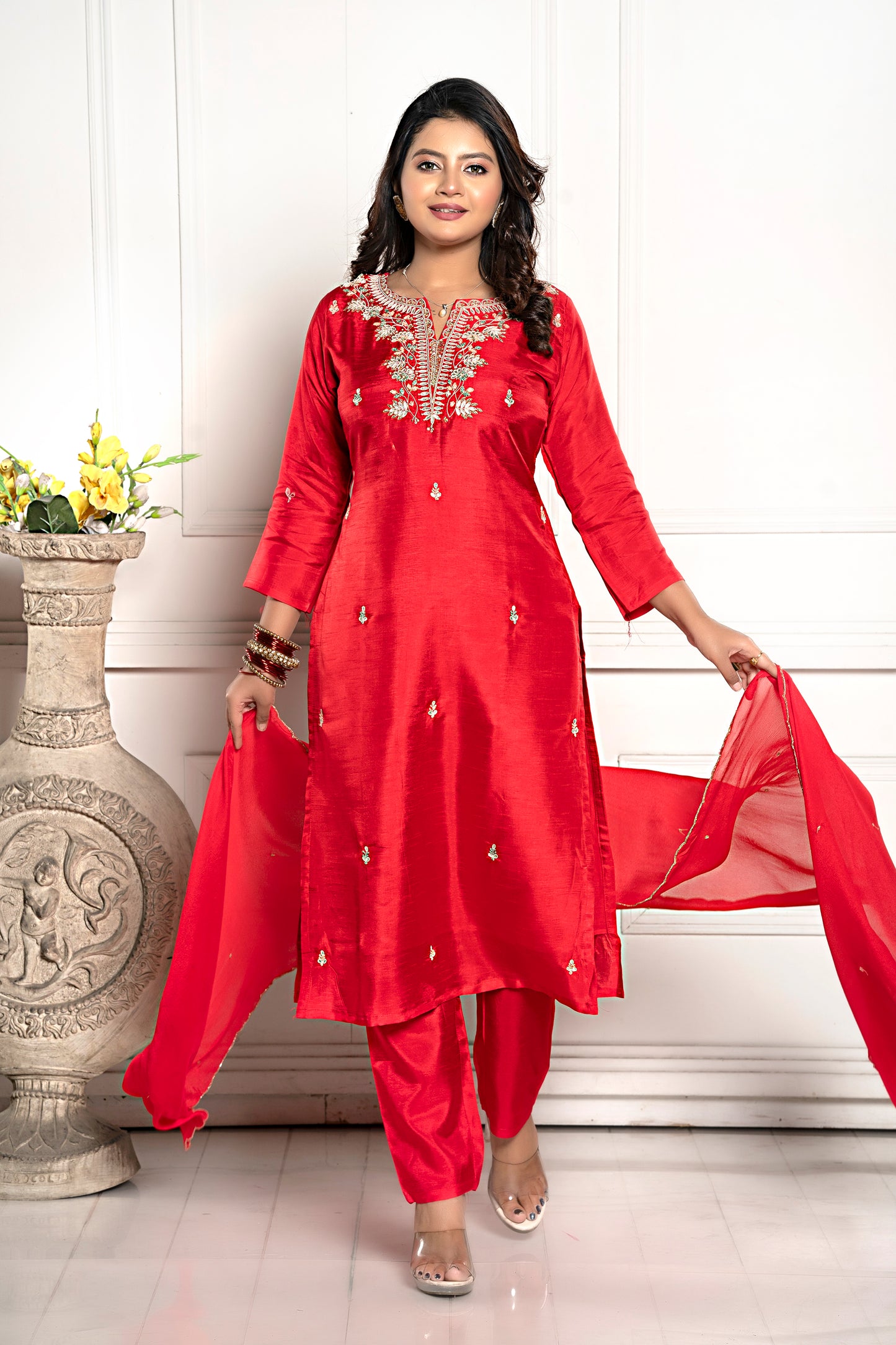 PF7716 Red Kurtis Ethnic Clothing Hand Embroidery Kurta Sets Silk