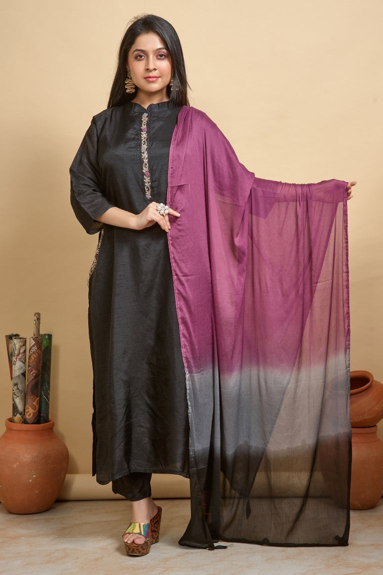 PF7725 - Black , Kurtis , Ethnic Clothing Hand Embroidery Kurta Sets Silk