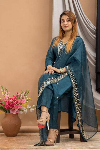 PF7736 Blue Kurtis Ethnic Clothing Hand Embroidery Kurta Sets Silk