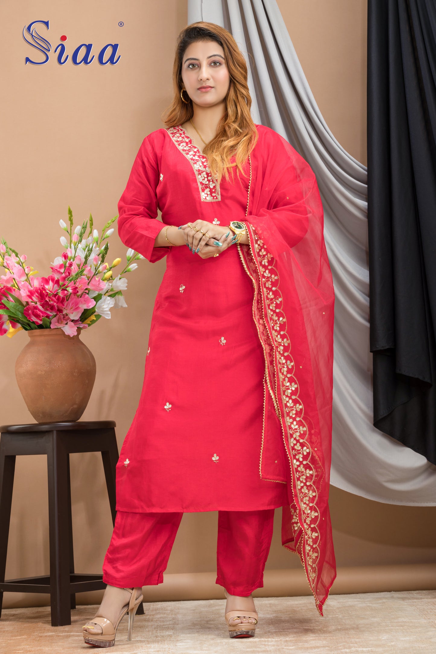 PF7736 - Red , Kurtis , Ethnic Clothing Hand Embroidery Kurta Sets Silk