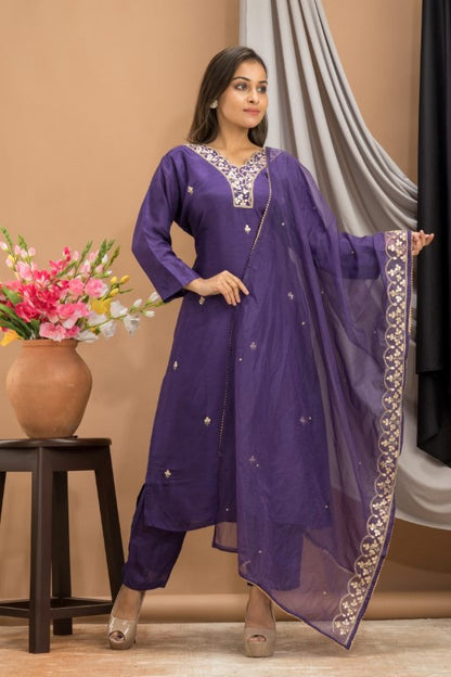 PF7736 Purple Kurtis Ethnic Clothing Hand Embroidery Kurta Sets Silk