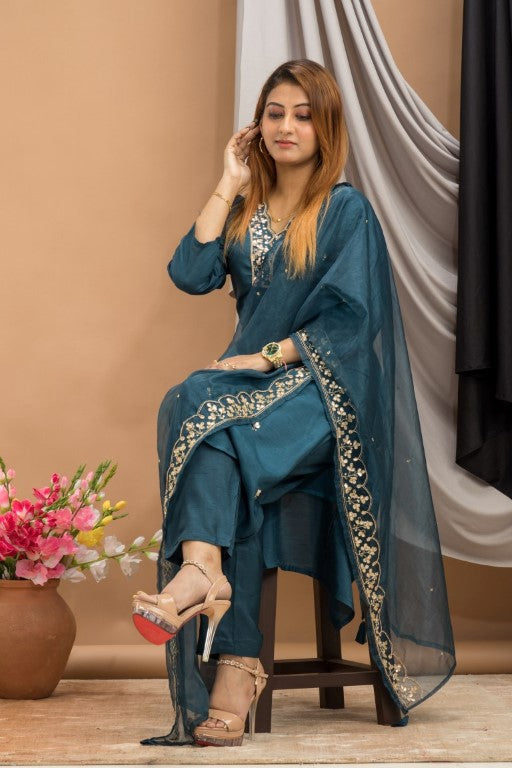 PF7736 - , Kurtis , Ethnic Clothing Hand Embroidery Kurta Sets Silk