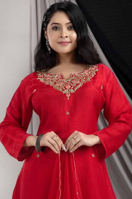 PF7743 Red Kurtis Ethnic Clothing Festive Collection Hand Embroidery Kurta Sets Silk