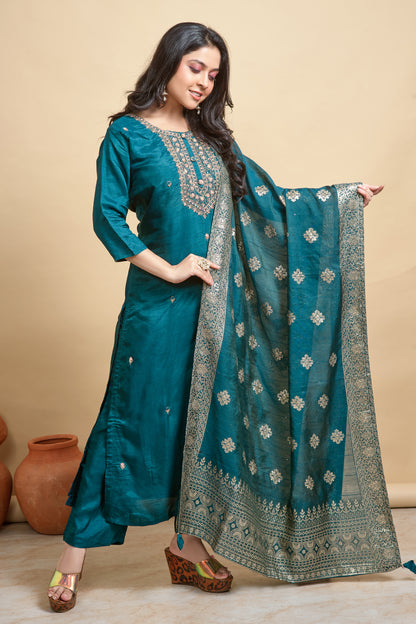 PF7769 - Indigo , Kurtis , Ethnic Clothing Hand Embroidery Kurta Sets Silk