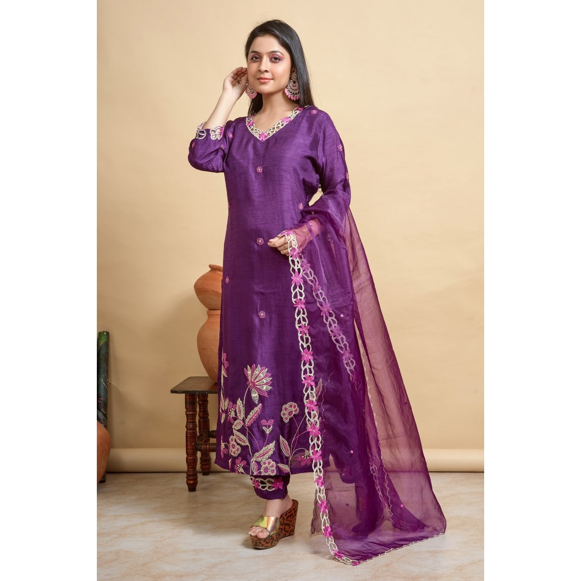 PF7796 - Purple , Kurtis , Ethnic Clothing Hand Embroidery Kurta Sets Silk