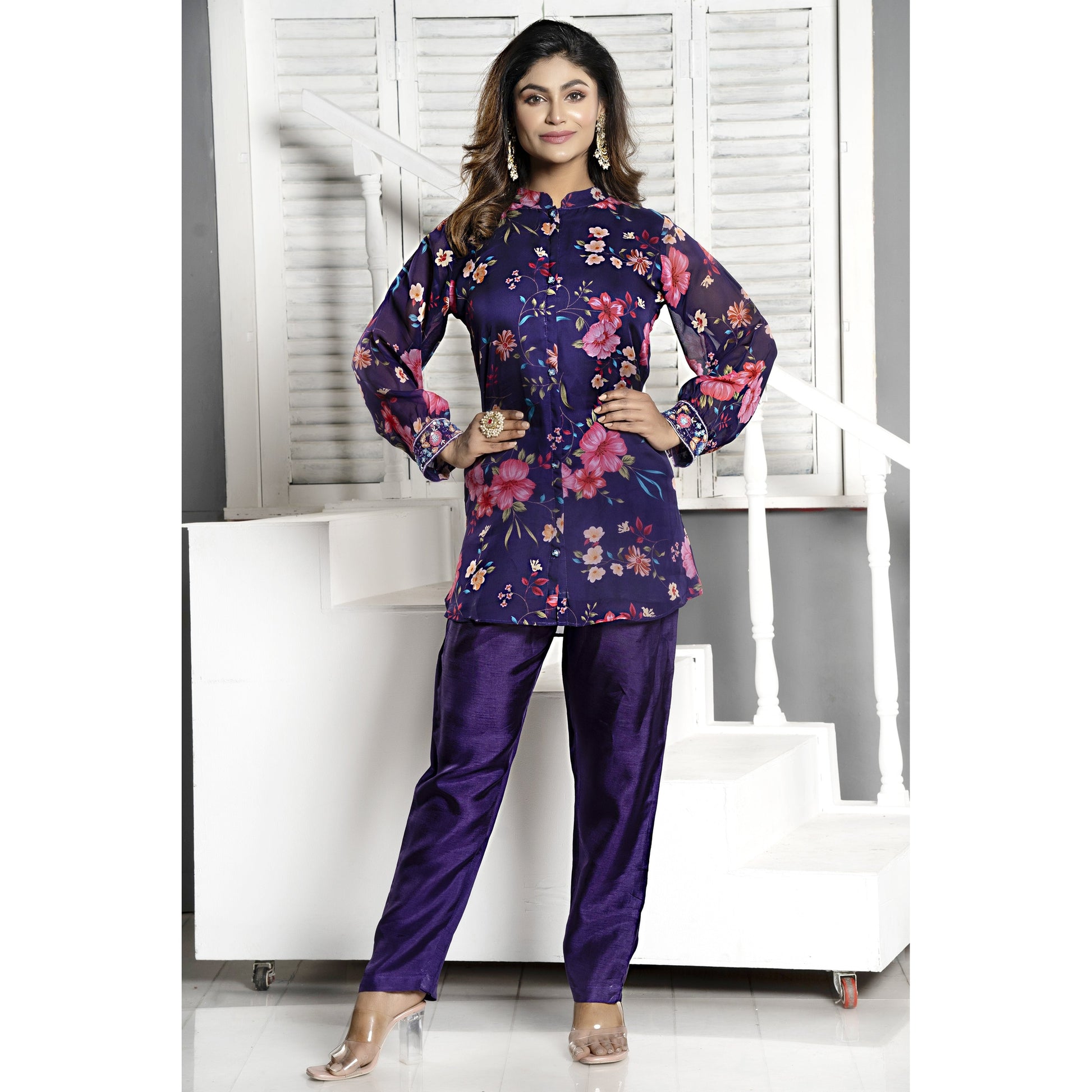 PF7800 Purple Kurtis Casual Wear Contemporary Clothing Cord Sets Ethnic Clothing Hand Embroidery Silk