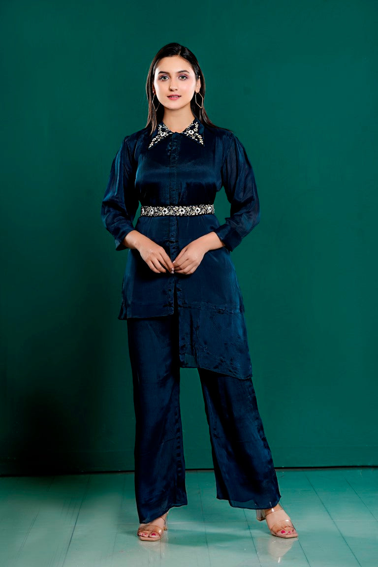 PF7801 - Indigo , Kurtis , Casual Wear Contemporary Clothing Cord Sets Ethnic Clothing Hand Embroidery Silk