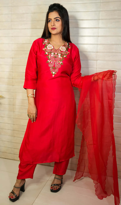 PF7802 - Red , Kurtis , Ethnic Clothing Hand Embroidery Kurta Sets Silk