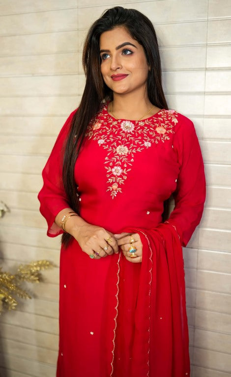 PF7847 - , Kurtis , Ethnic Clothing Hand Embroidery Kurta Sets Silk