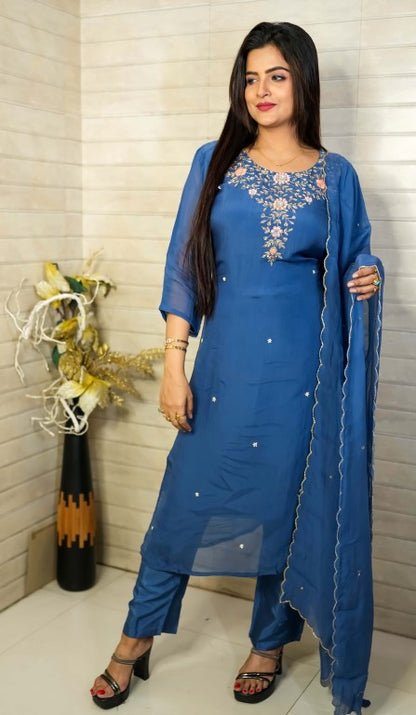 PF7847 - , Kurtis , Ethnic Clothing Hand Embroidery Kurta Sets Silk