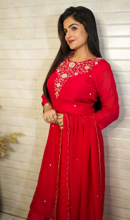 PF7847 - Red , Kurtis , Ethnic Clothing Hand Embroidery Kurta Sets Silk